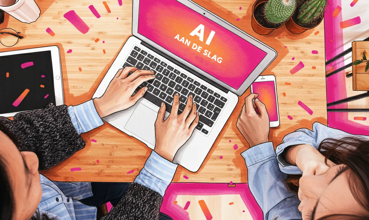 Twee collega's werken samen aan een laptop tijdens een AI Aan De Slag-programma